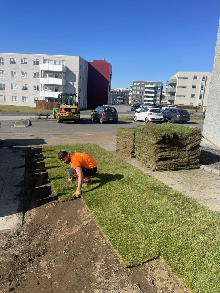 Starfsmaður að leggja þökur á stóru svæði með bretti af torfi sér við hlið.