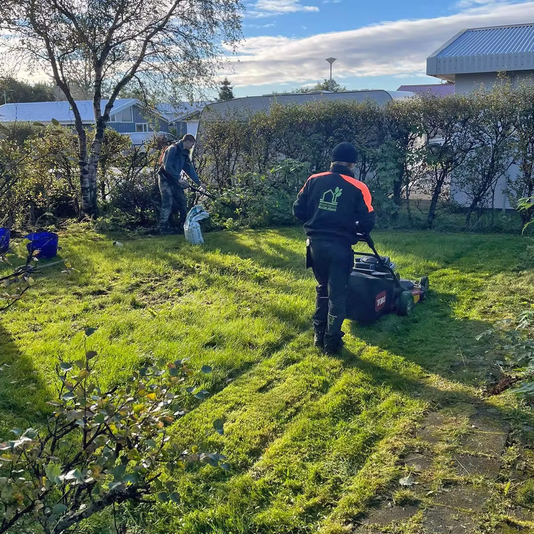 Tveir starfsmenn vinna saman að slætti og frágangi í grónum garði.