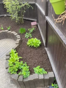 Lítið hornbeð sem er tilbúið eftir beðahreinsun og jarðvegskipti.