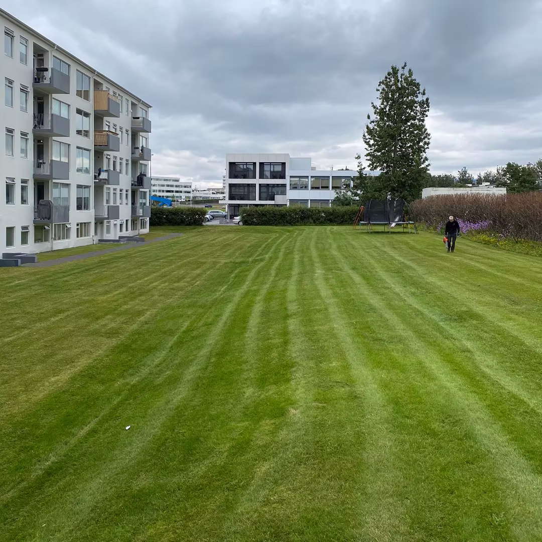 Garðsláttur á stóru svæði við fjölbýlishús þar sem lögð er áhersla á snyrtimennsku.