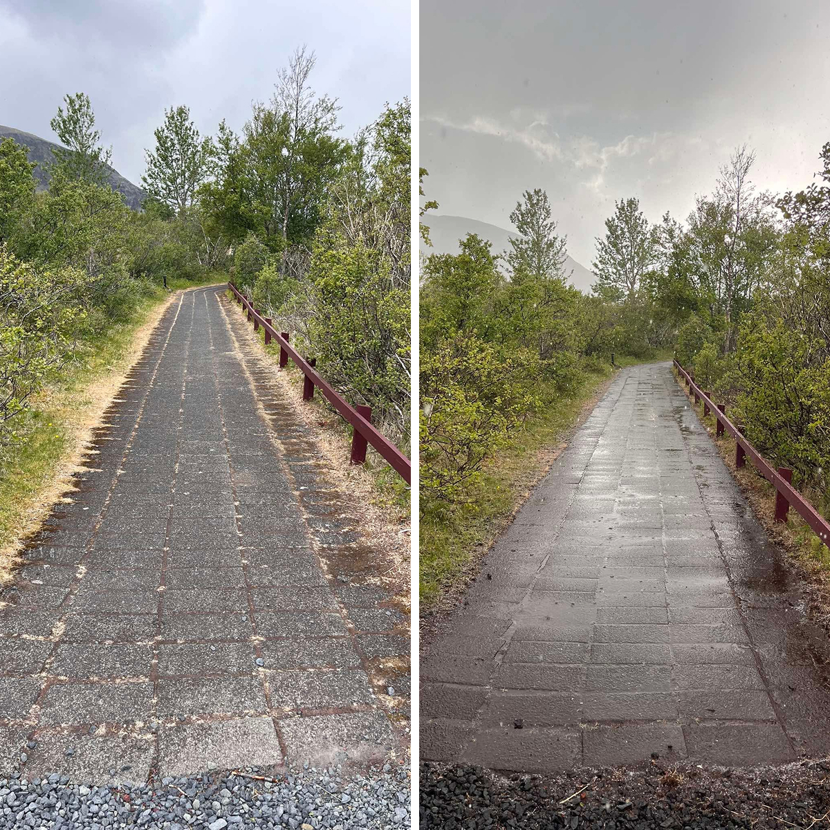 Göngustígur fyrir og eftir garðahreinsun þar sem kantar voru skornir og stéttin hreinsuð.