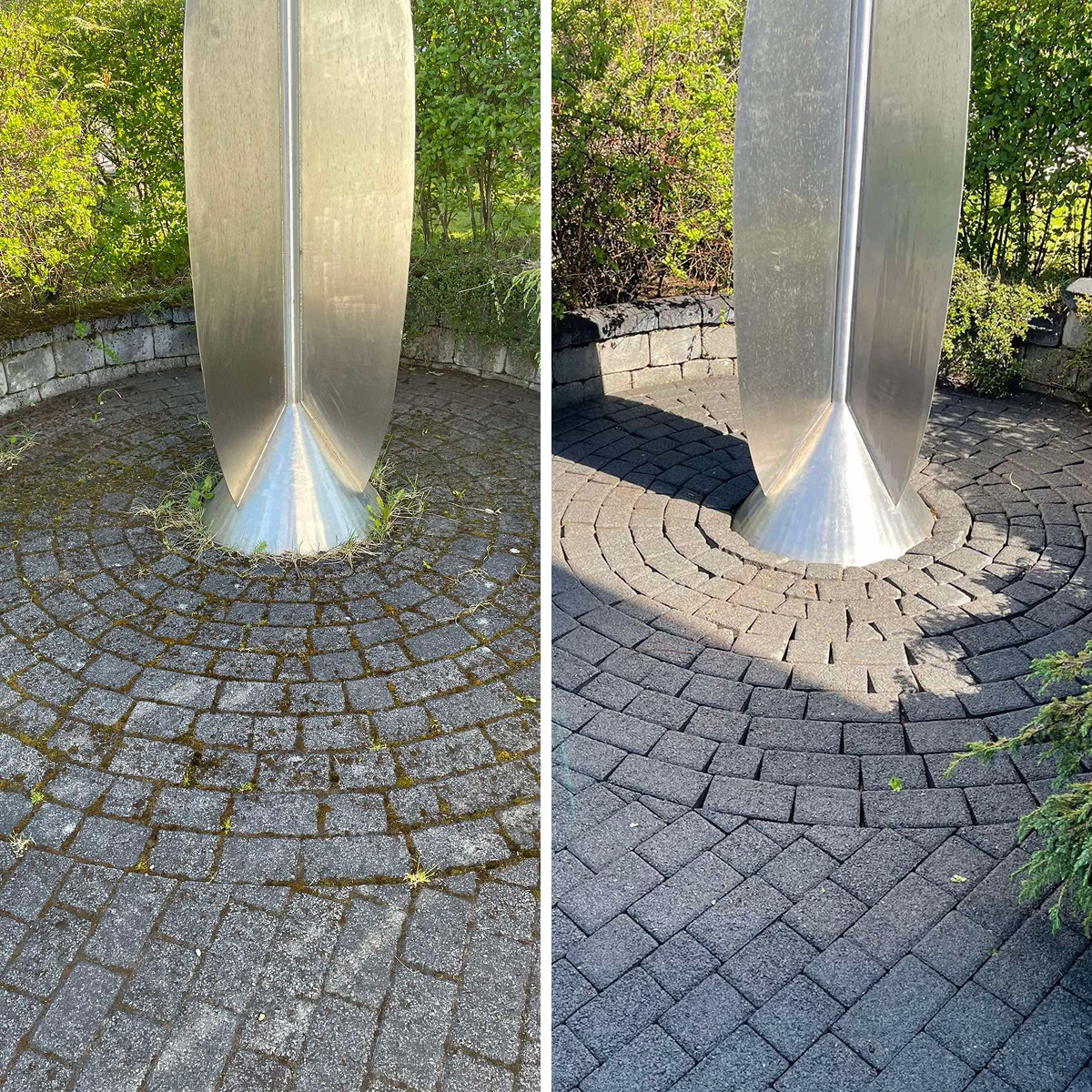 Hreinsun á hellulögn þar sem mosi og illgresi hefur verið fjarlægt milli steina í kringum listaverk.