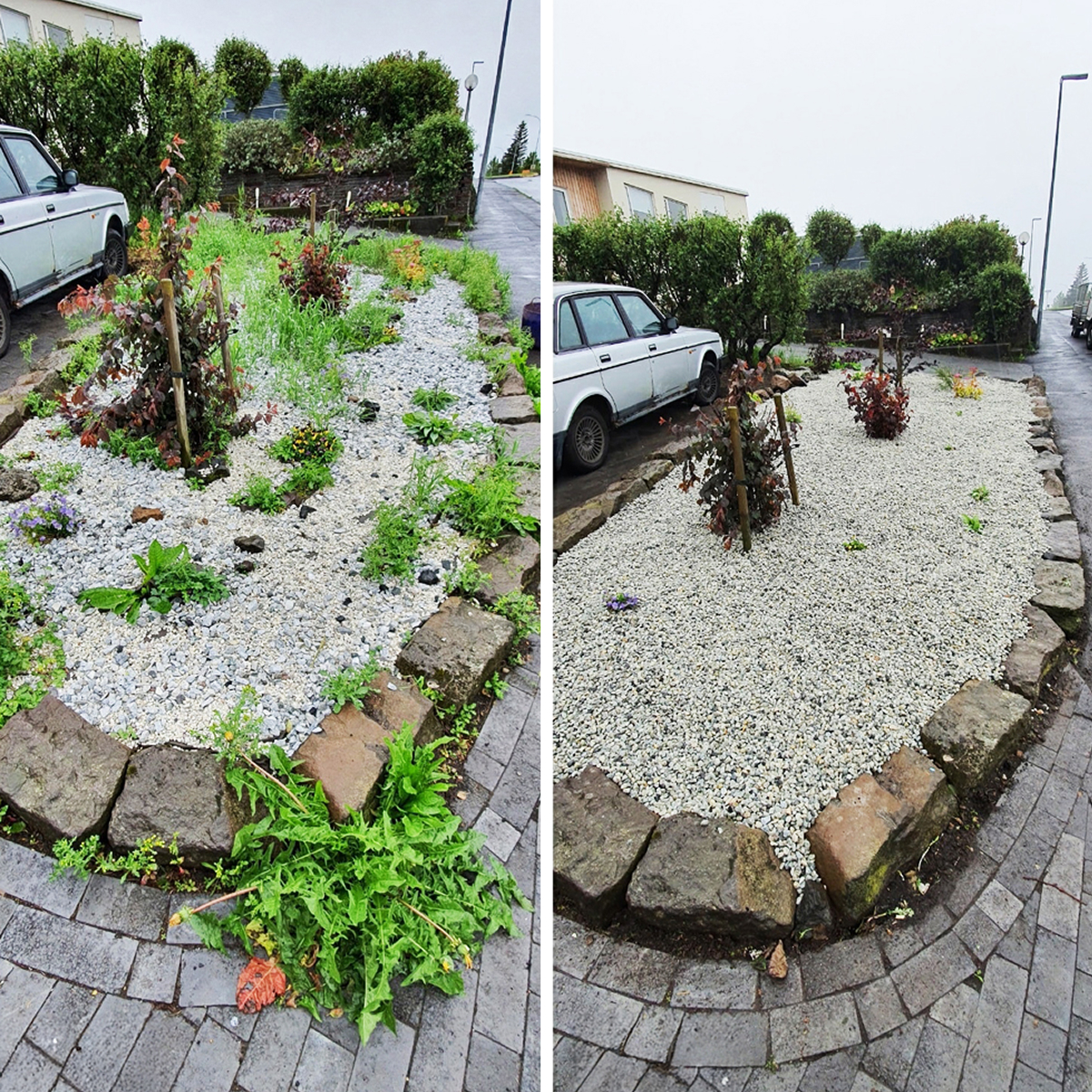 Þetta eru frábærar fyrir-og-eftir myndir! Þær sýna árangurinn af garðahreinsun svart á hvítu, sem er mjög sterkt fyrir söluna.

Hér eru alt-textar sem lýsa breytingunum og innihalda leitarorðin til að hjálpa Rank Math:

Mynd 1 (Beð með hvítri möl): Fyrir og eftir beðahreinsun þar sem illgresi var fjarlægt og ný hvít möl lögð í staðinn.