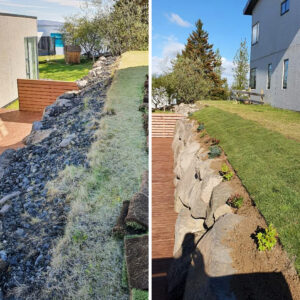 Stórbreyting á garði þar sem grjóthleðsla og ný þökulögn skapa snyrtilega heildarmynd.