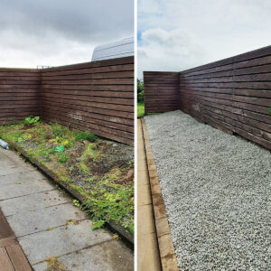 Beðahreinsun í garðhorni þar sem beði var breytt í viðhaldslítið svæði með snyrtilegri grárri möl.