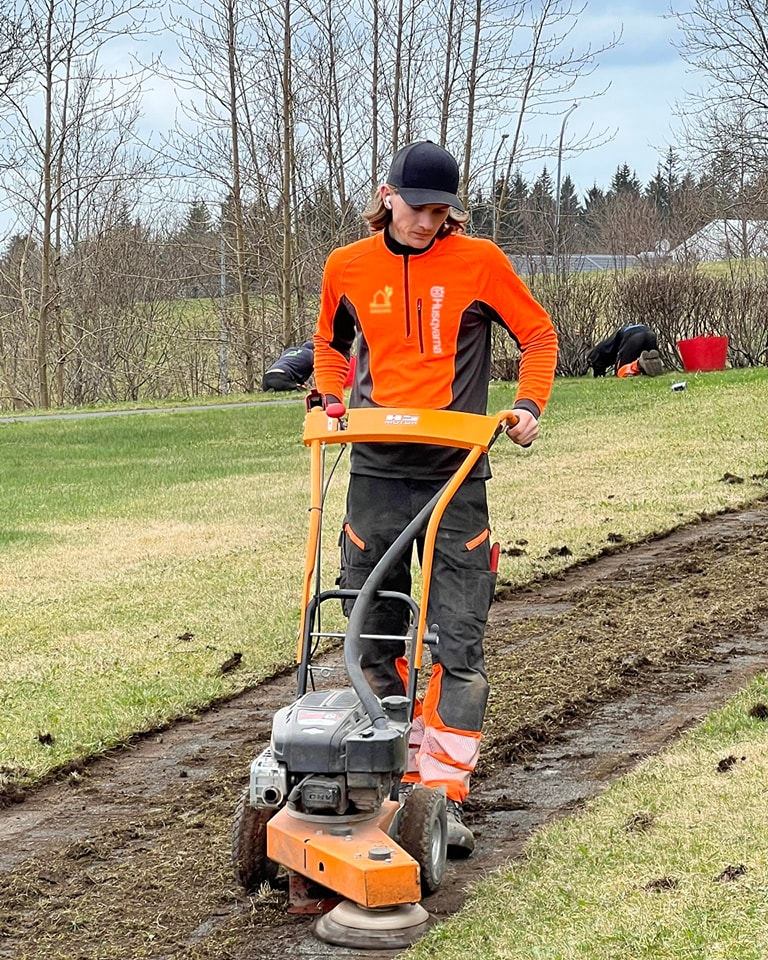 Nákvæm vírburstahreinsun alveg upp við girðingu til að fjarlægja allan gróður.