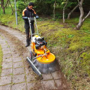 Starfsmaður notar öfluga vél til vírburstahreinsunar á hellulögðum skógarstíg til að fjarlægja mosa.