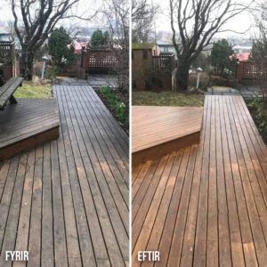 Fyrir og eftir mynd sem sýnir mikinn mun á viðarpalli eftir hreinsun og olíuburð